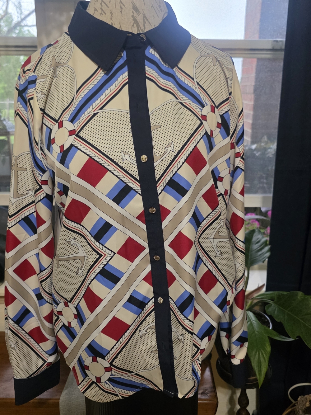 Tommy Hilfiger Cream, Navy, Red & Light Blue Nautical Print Button-Up Blouse